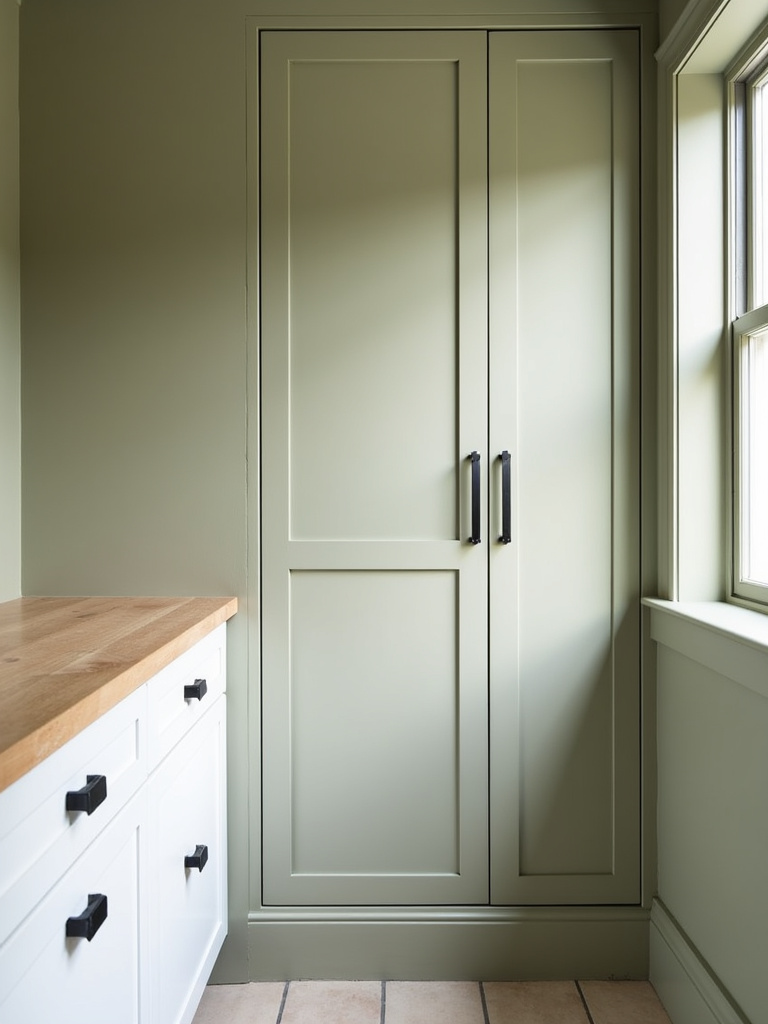 “Subtle olive green laundry room with soft natural light, featuring muted olive green walls, white shaker cabinets, a light wood folding countertop, and black metal hardware.”