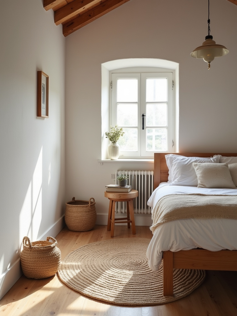 Rustic bedroom with decorative natural fiber baskets.