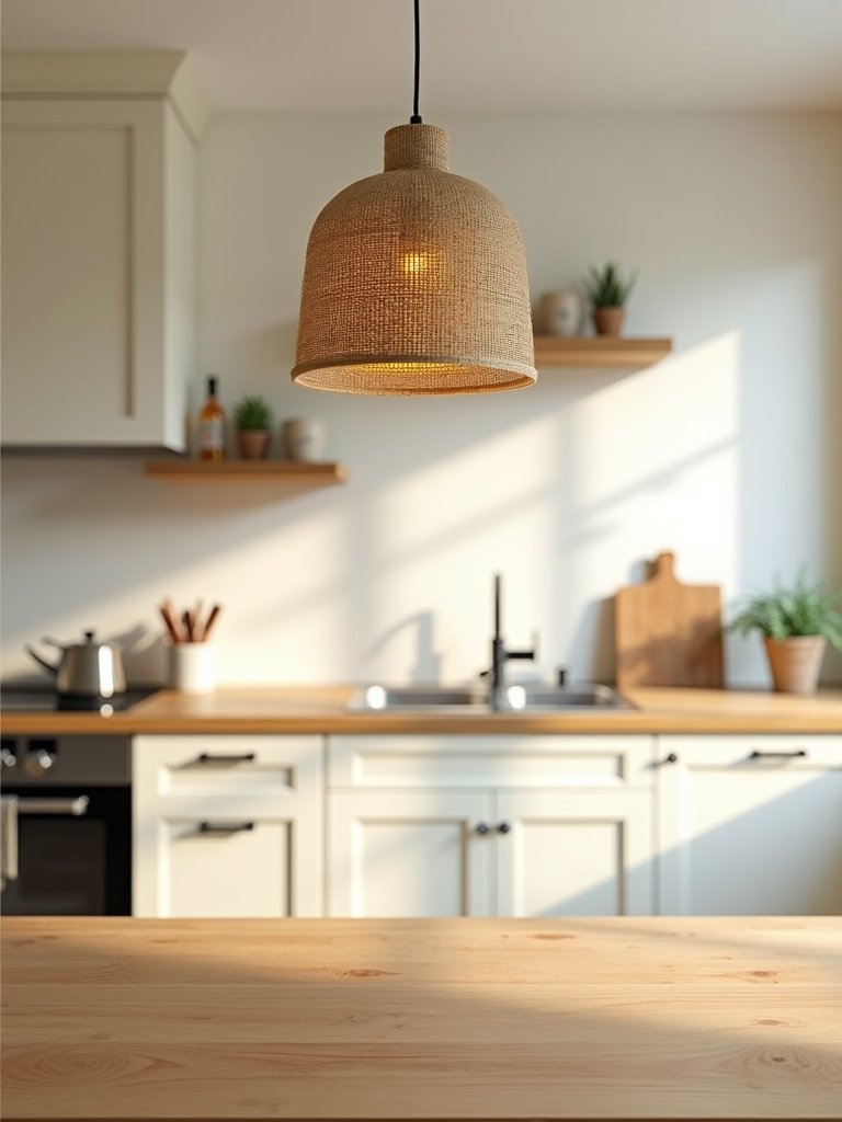Modern kitchen using a natural fiber pendant light over the table.