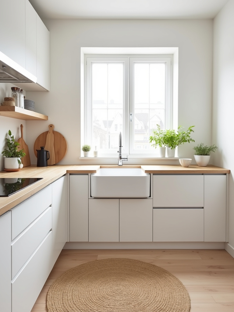 Natural jute rug on a light wood floor in a bright Scandinavian kitchen