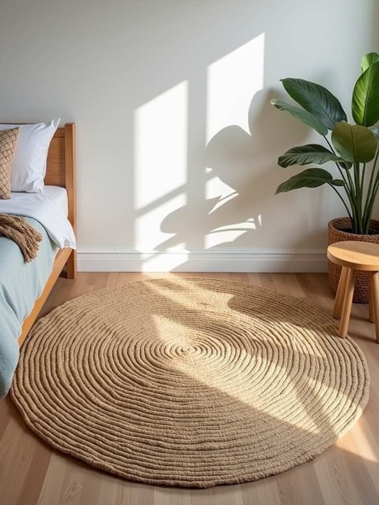 A minimalist bedroom showcasing a natural fiber rug made from jute or sisal in the middle of the room creating a calming ambiance.