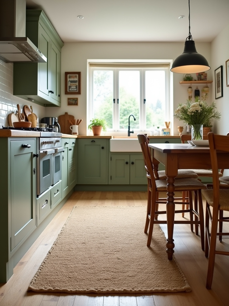 Farmhouse kitchen with a natural jute rug, sage green cabinets, and wooden dining table