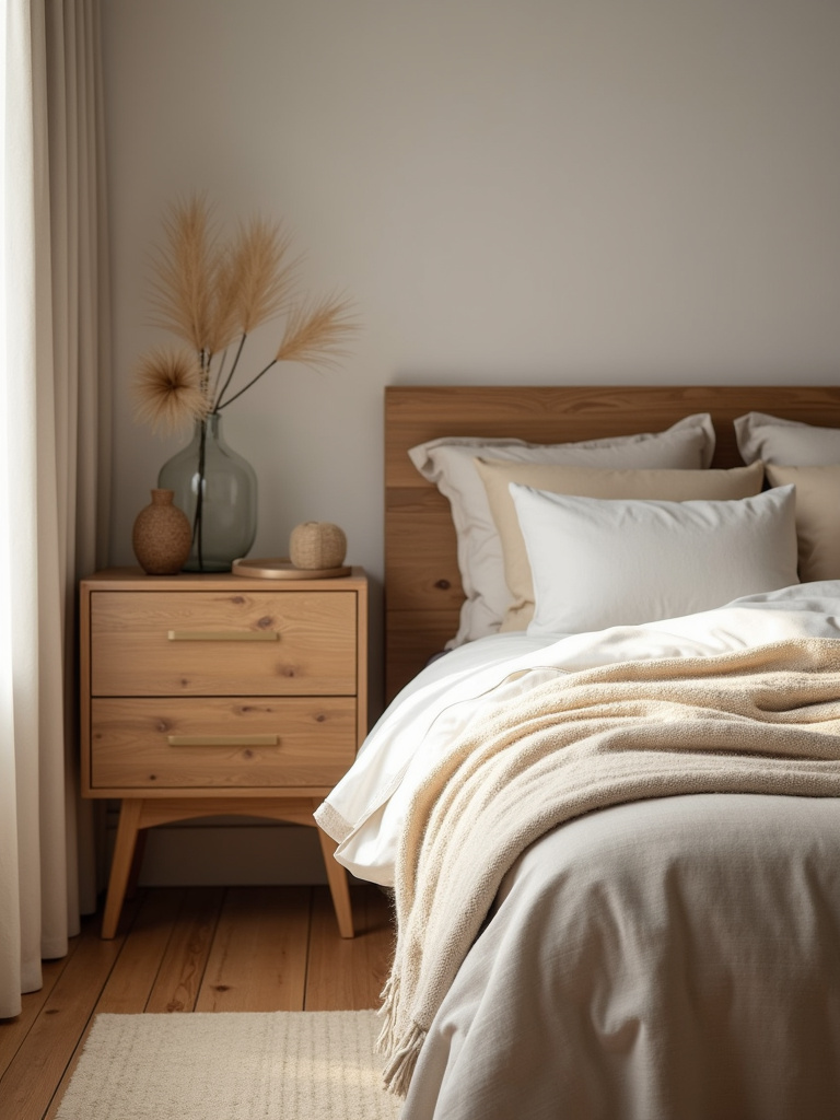 Modern bedroom close-up featuring natural wood nightstand, linen bedding, and wool throw.