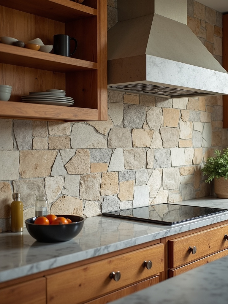A rustic and natural kitchen with a variety of unique, earthy stones on the backsplash, creating a visually rich texture.