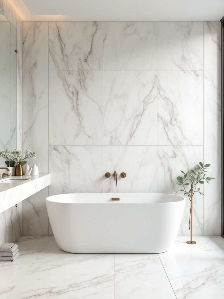A luxurious bathroom showcasing white marble tiles with prominent veining on the walls and counters, illuminated by balanced, soft lighting.