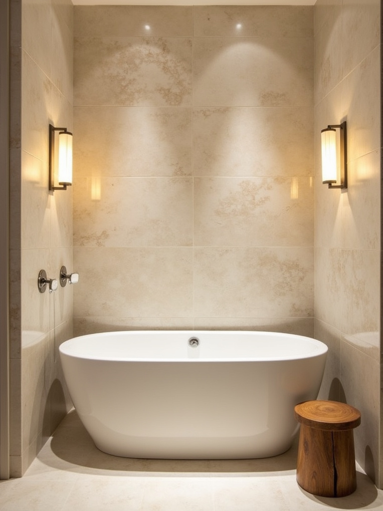 Spa-like bathroom with light beige travertine tile walls, a soaking tub, and warm sconce lighting.