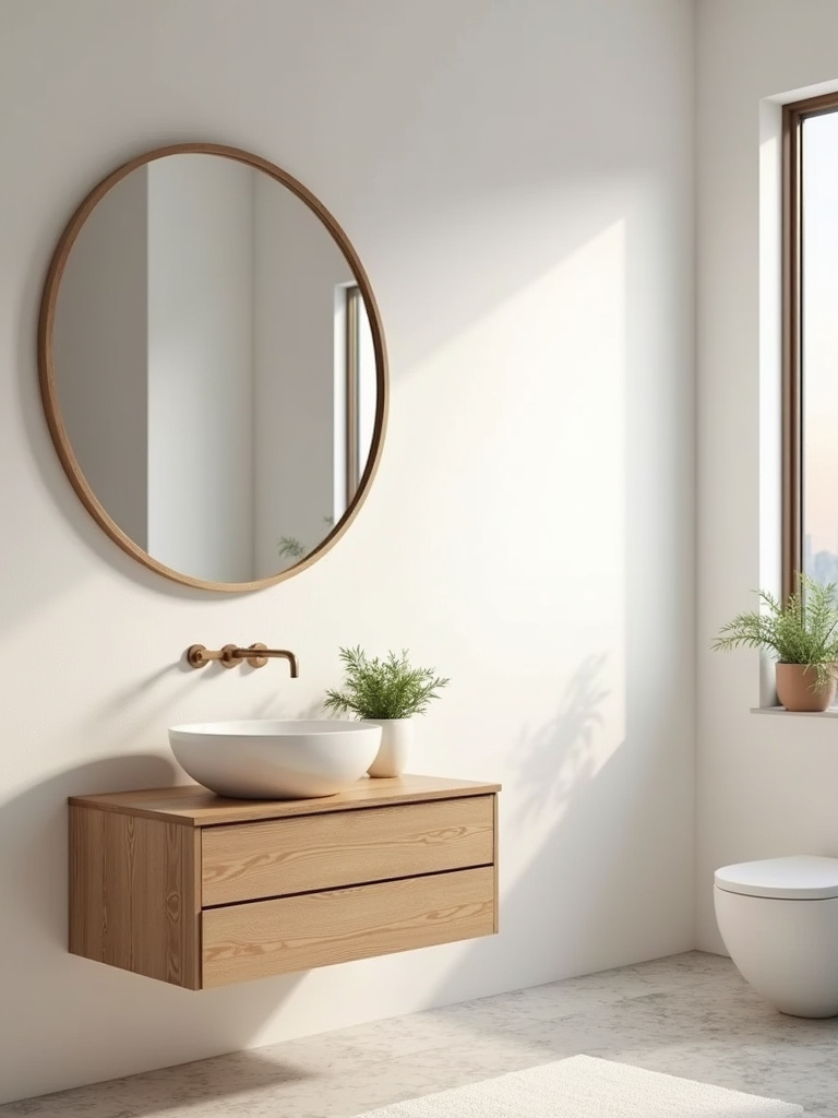 Minimalist bathroom with light wood accents providing warmth and natural texture.