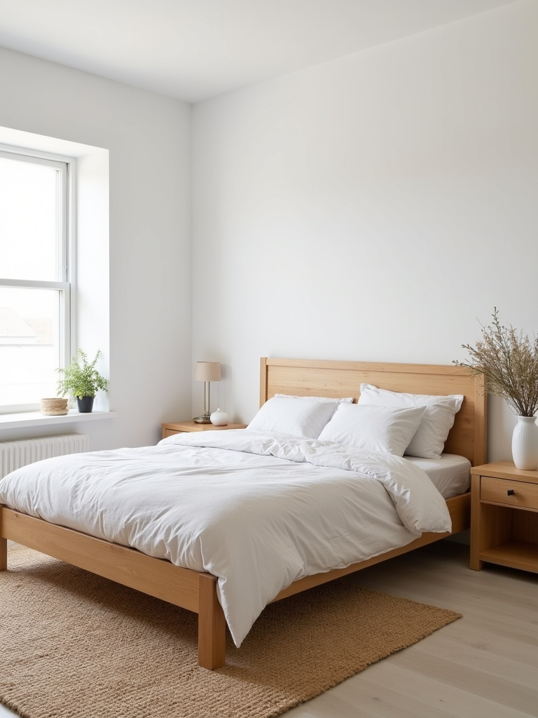 White bedroom with light oak wood bed frame and natural wood accents.