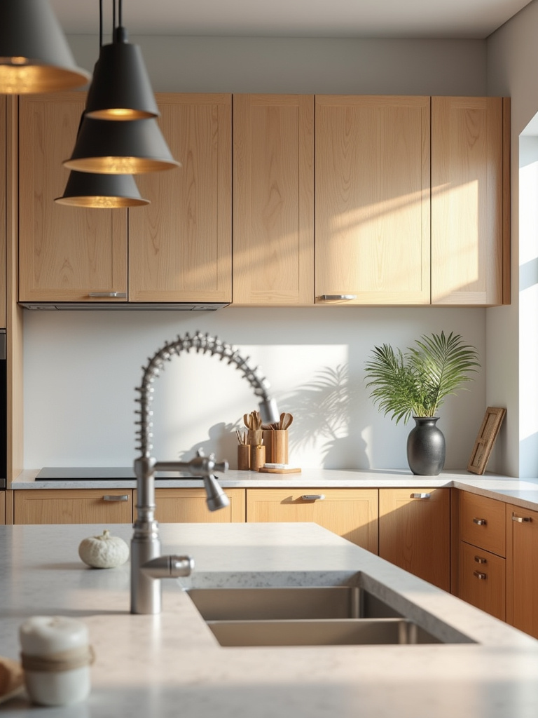 Modern kitchen featuring natural light oak wood veneer cabinets, white quartz countertops, and a farmhouse sink, creating a warm and organic atmosphere.