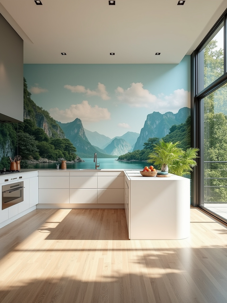 A kitchen using a nature inspired landscape mural on an expansive wall, with soft daylight creating a peaceful mood to the entire space.