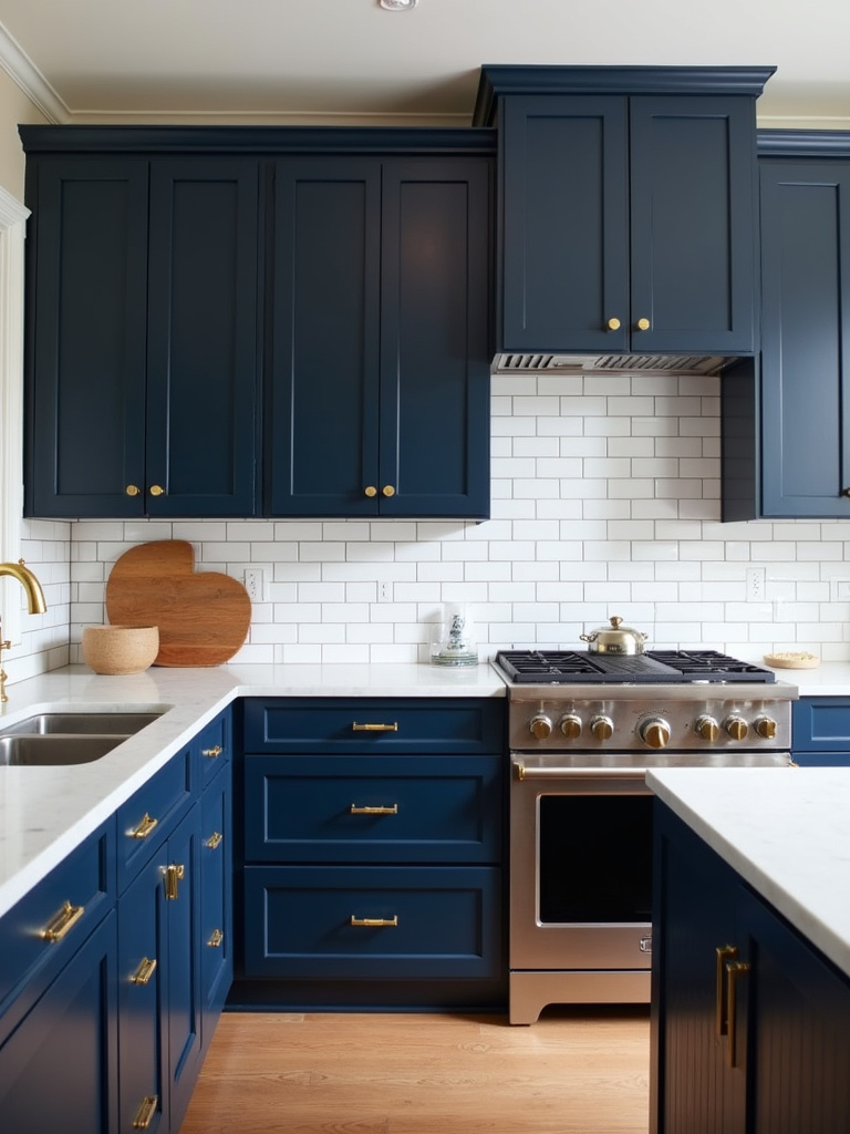 Elegant navy blue kitchen with brass hardware and white marble countertops.