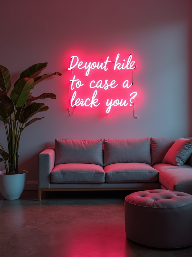 Modern living room featuring a custom made bright neon sign, with the focus of the shot highlighting the vibrant colour and focal illumination.
