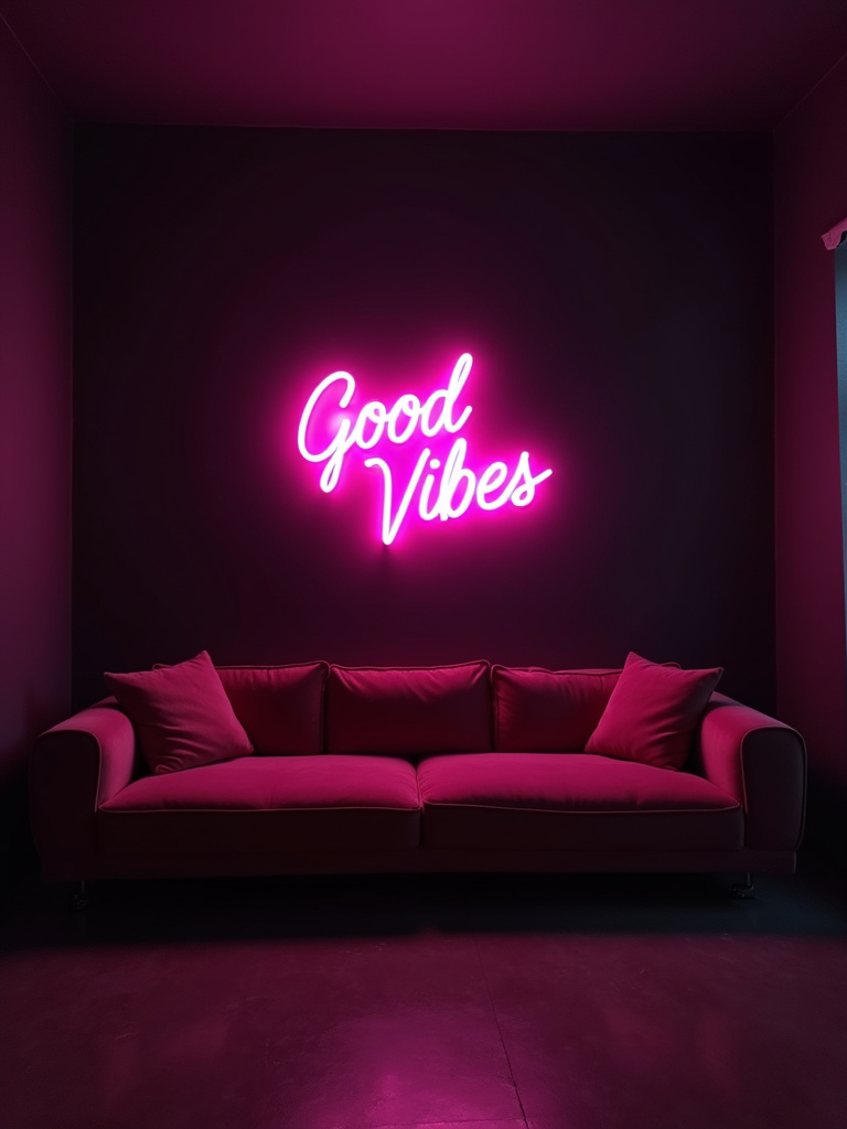 Modern trendy living room with a bright pink neon sign reading “Good Vibes” above a velvet sofa.