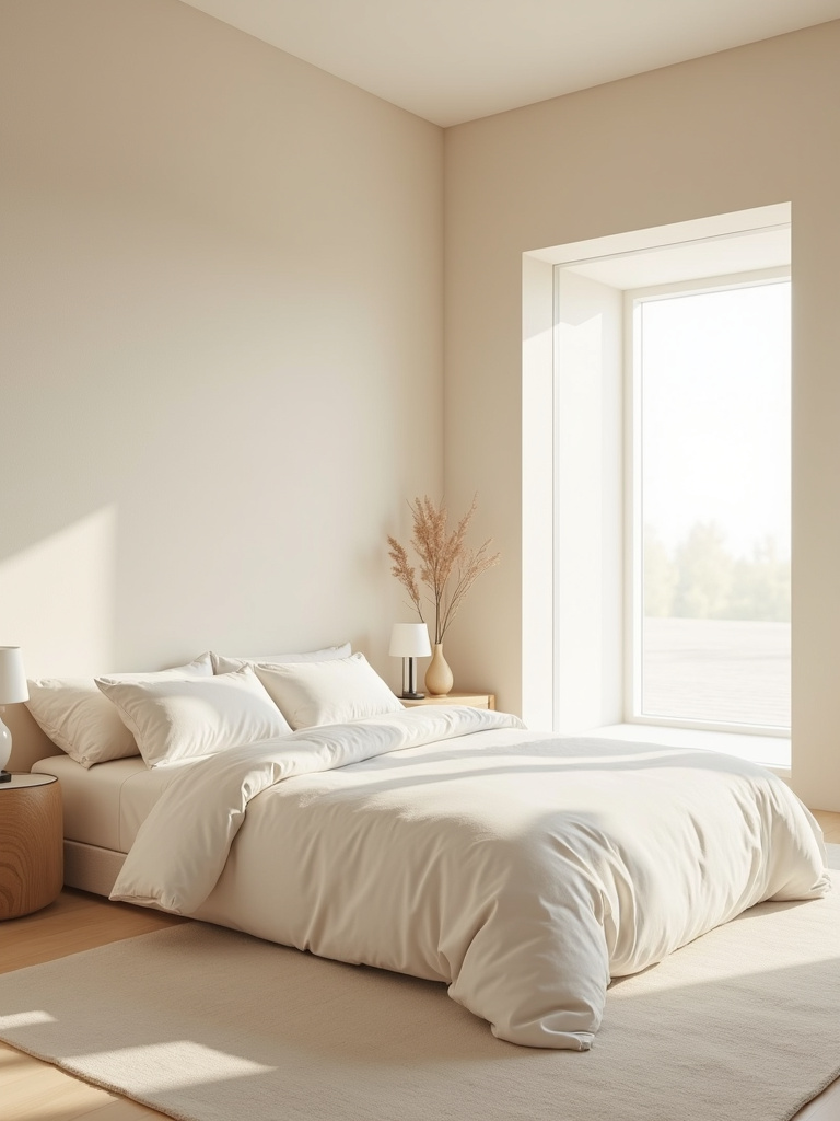 A serene, minimalist bedroom with a neutral color palette of soft beige, off-white and cream, featuring natural daylight and uncluttered decor.