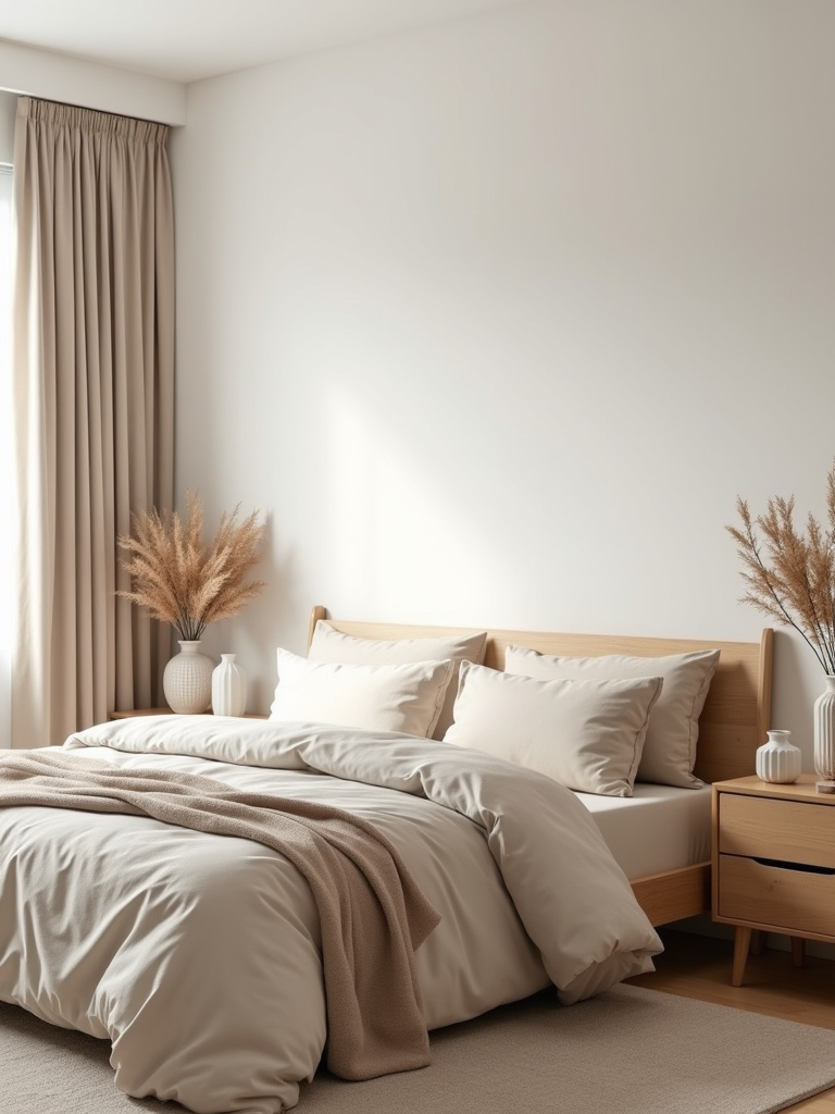 Modern neutral bedroom with beige and white color scheme, linen bedding, and soft lighting.