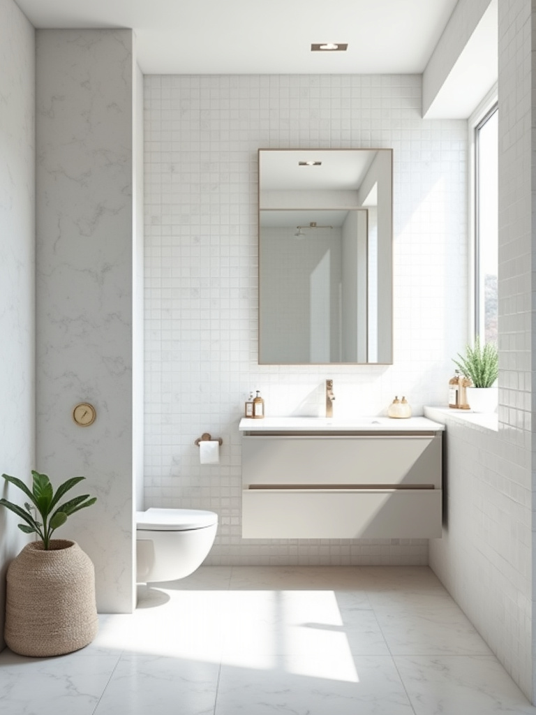 Minimalist bathroom with a neutral color palette of white and light grey creating a serene atmosphere.