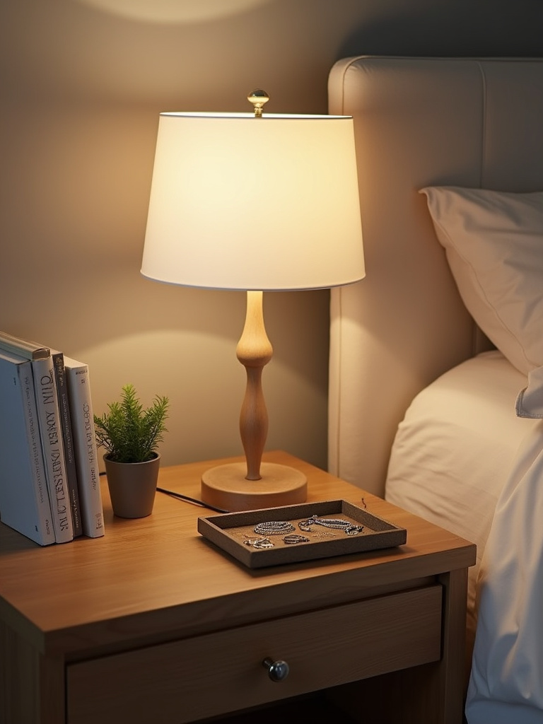 Stylishly arranged nightstand with functional and decorative items.