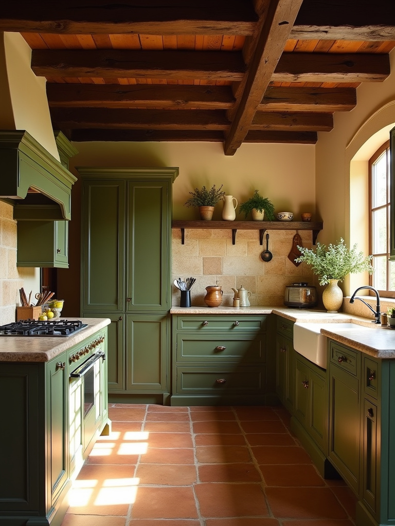 Tuscan kitchen with olive green cabinets, stone backsplash, and dark wood beams in warm lighting