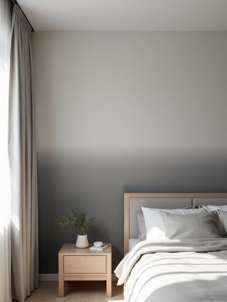 A calming bedroom featuring a grey ombre patterned wallpaper that transitions from dark to light, complemented by light-colored wood furniture, neutral bedding, and soft natural lighting.
