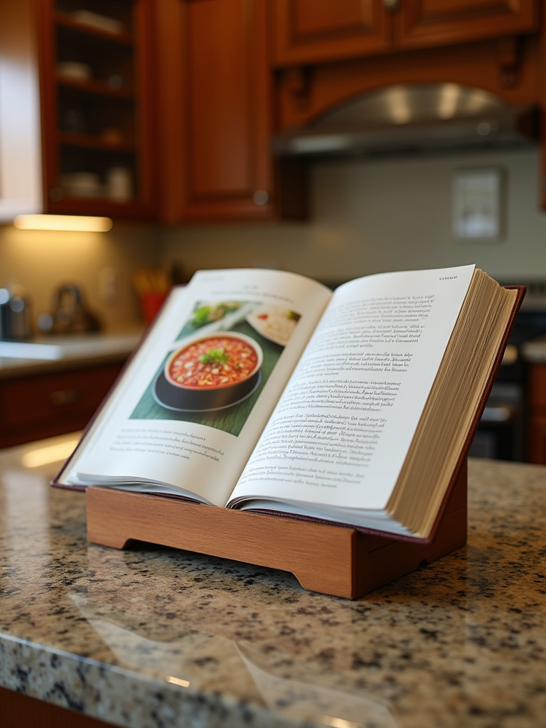 Open cookbook displayed on a wooden stand on a granite kitchen countertop.