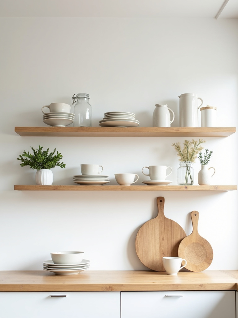 Light wood open shelving in a Scandinavian kitchen displaying minimalist decor items