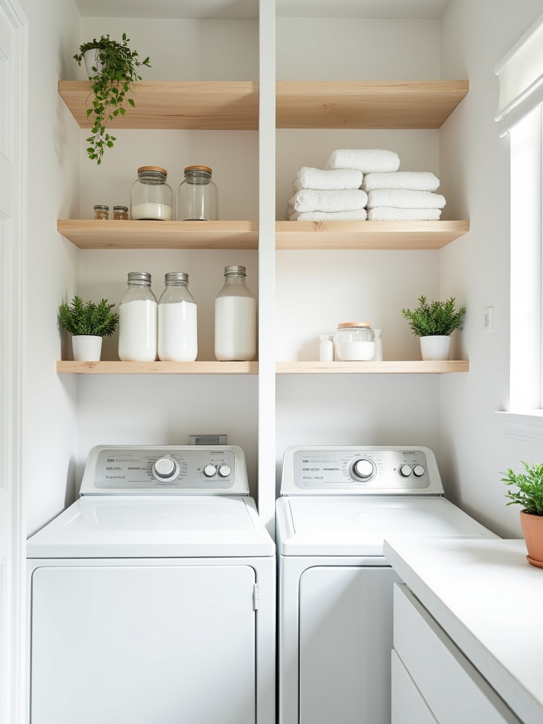 A well-organized laundry room featuring light wood open shelving adorned with neatly folded towels, detergent containers, and decorative plants, exemplifying stylish and accessible storage.