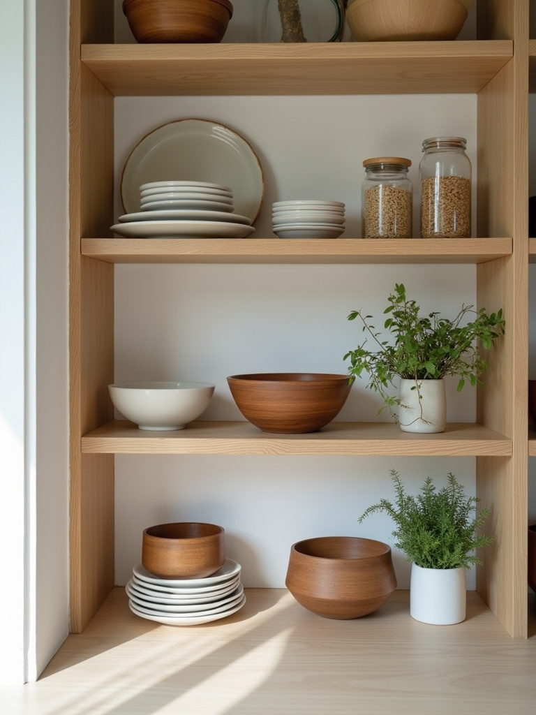 Close-up of kitchen open shelves with eco-friendly ceramic dinnerware, wooden bowls, and glass jars