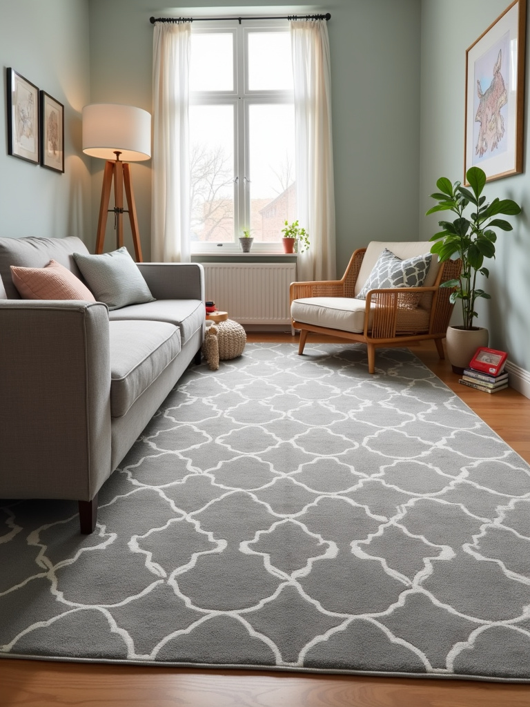 Family-friendly living room featuring a durable grey synthetic rug and comfortable sectional sofa