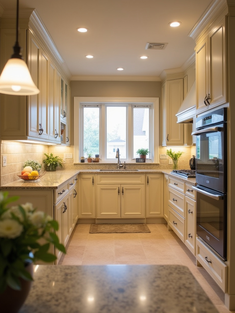 Soft and inviting traditional kitchen with cream colored cabinets.