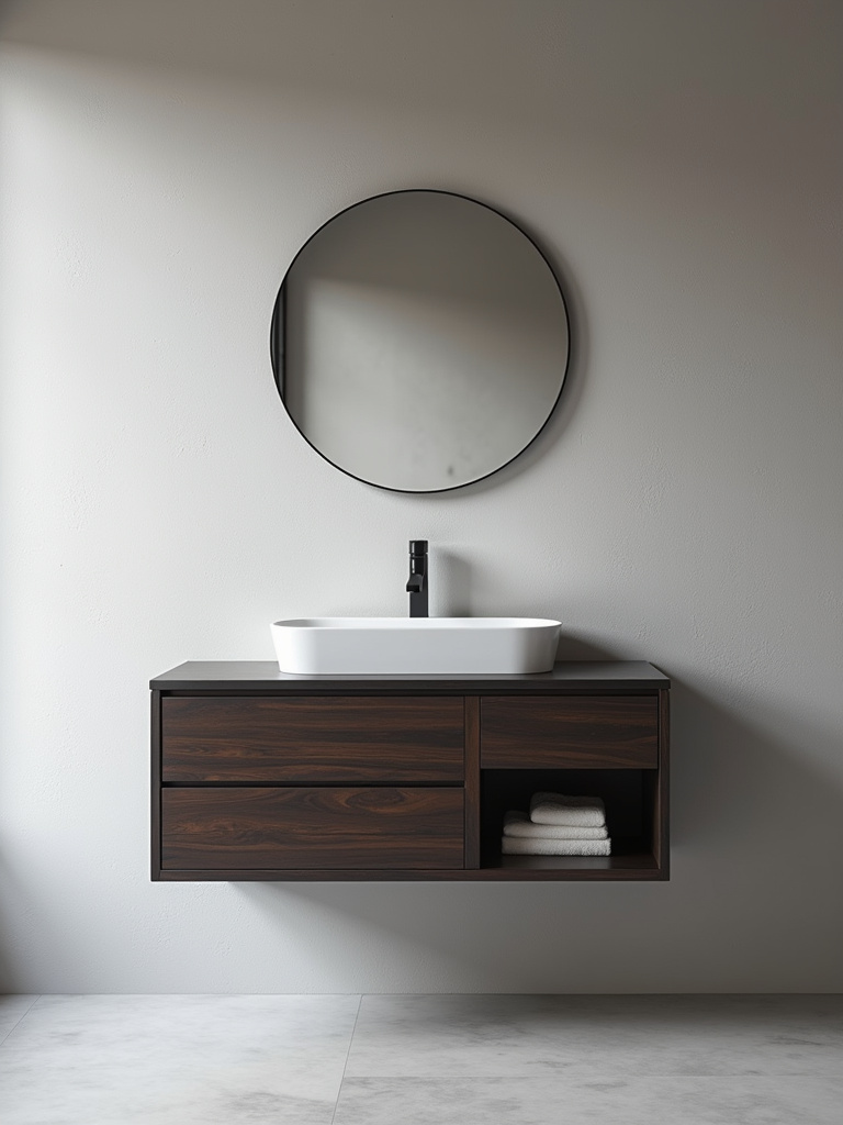 Light gray minimalist bathroom with a dark wood floating vanity and round mirror.