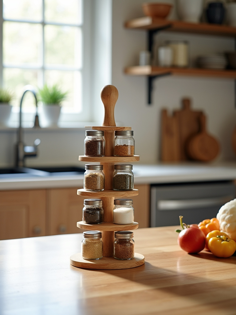 “Wooden tiered vertical spice rack on a kitchen countertop, filled with spice jars, optimizing counter space and keeping spices organized and accessible.”