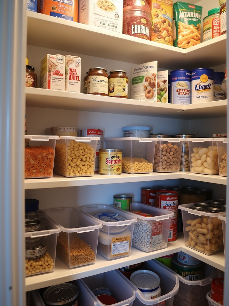 “Clear plastic stackable bins organizing snacks, pasta, canned goods, and baking supplies on pantry shelves, creating a neat and efficient pantry storage system.”