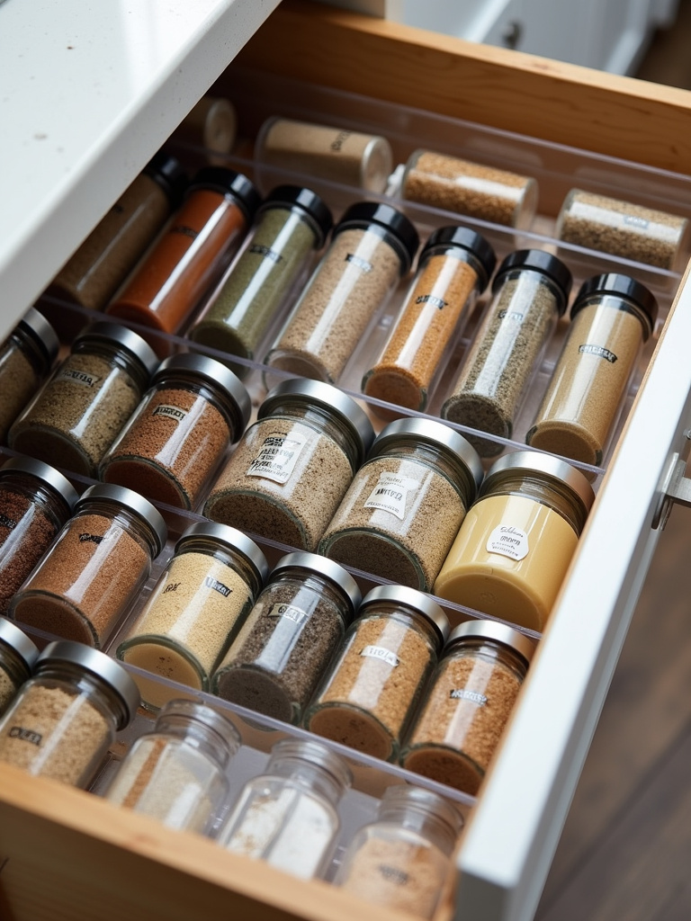 “Clear acrylic tiered spice drawer insert organizing uniform glass spice jars with labels facing upwards, creating a visually appealing and functional spice storage solution.”