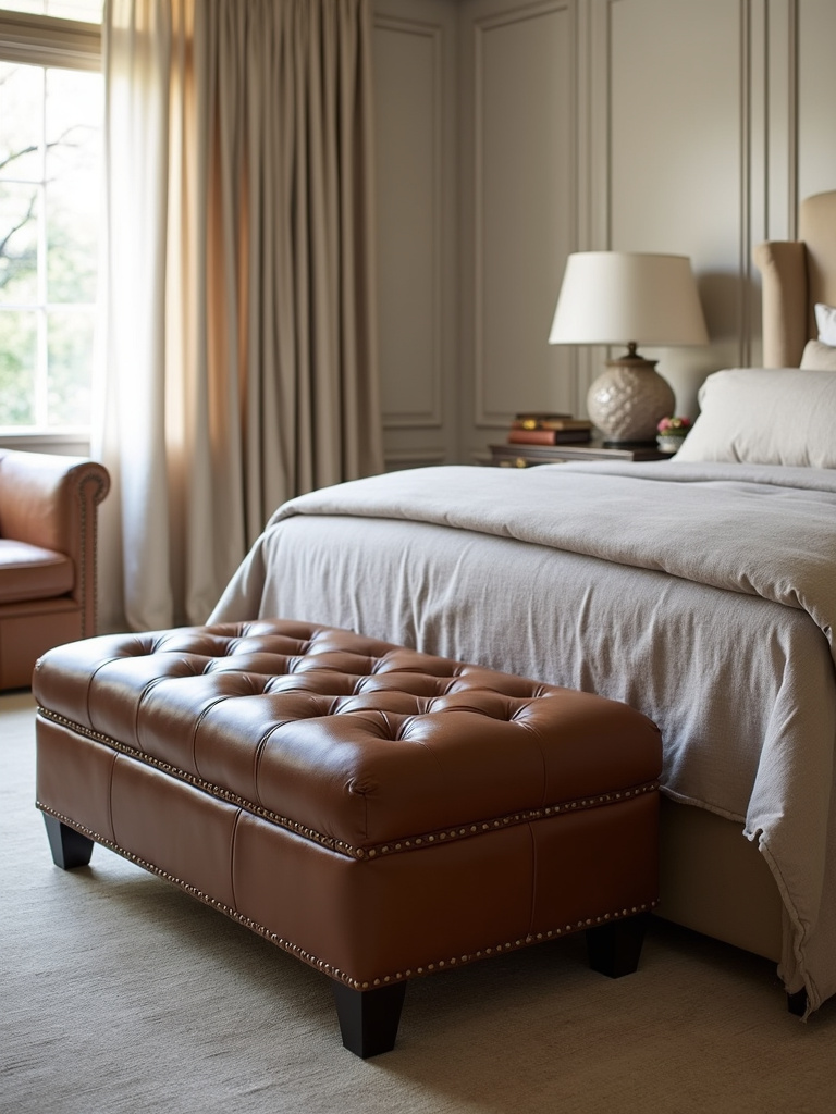 A leather ottoman provides extra seating and design to a master bedroom space at the foot of a bed.