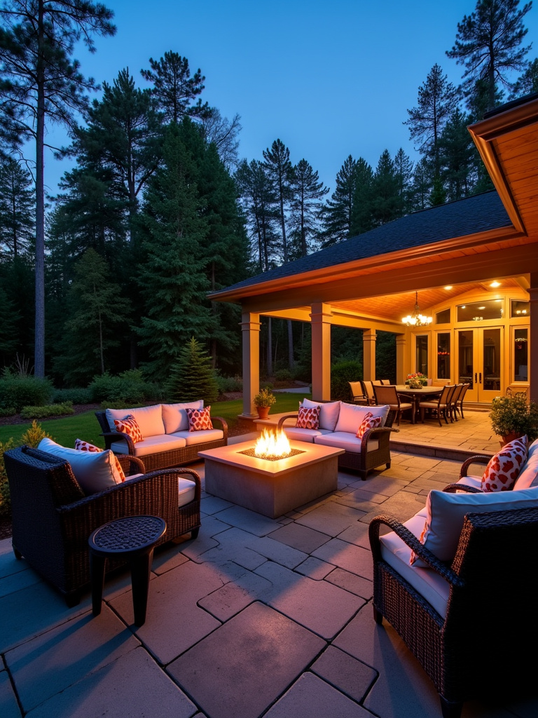 A cozy back porch with an outdoor fire pit for warmth and relaxation.
