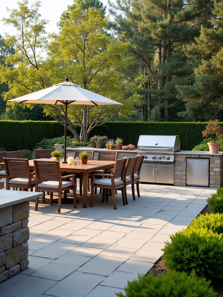 A well equipped outdoor kitchen space with dining area and plants.