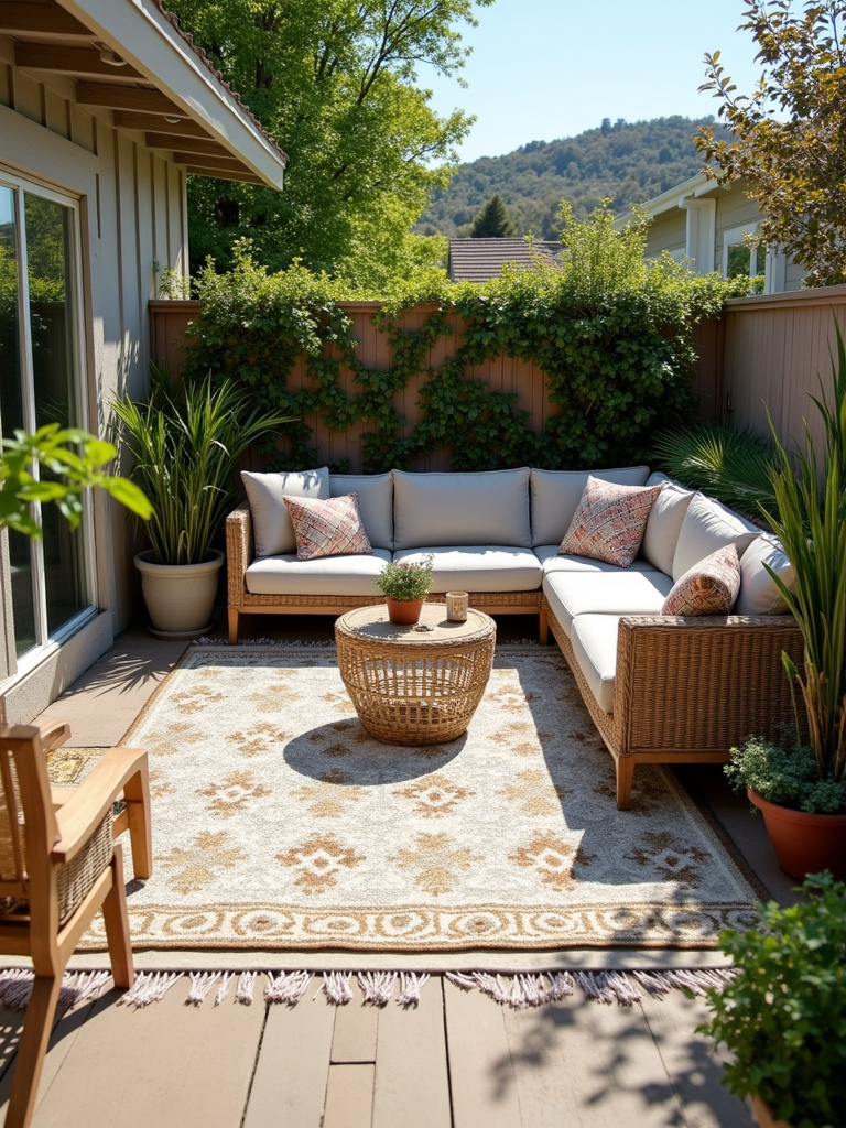 A stylish and well-designed back patio with an outdoor rug defining the space.