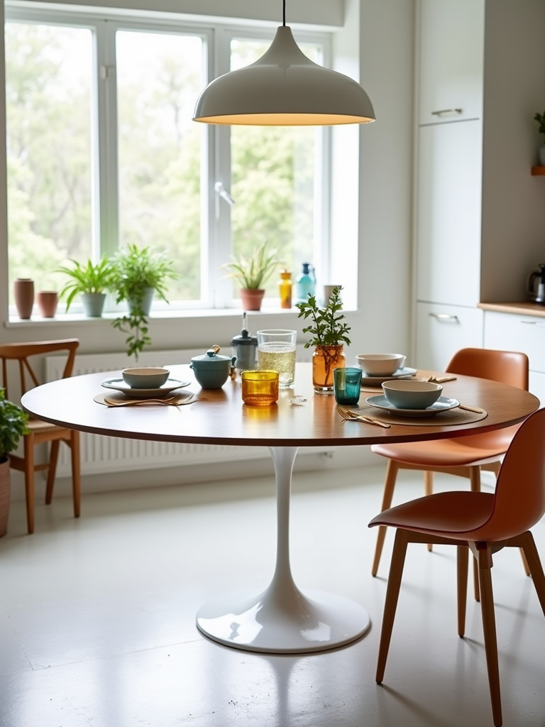 Oval shaped kitchen table with white tulip base in a bright mid-century modern kitchen.