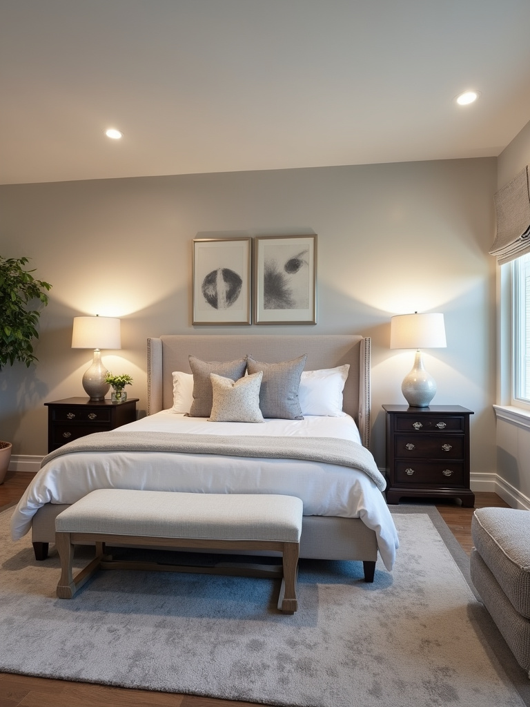 An oversized area rug beautifully anchors the furniture in a spacious master bedroom.