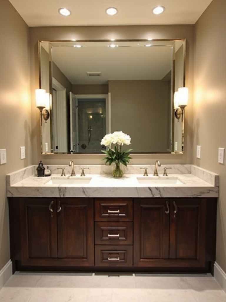 Modern bathroom with a large frameless mirror above a dark wood vanity, creating a spa-like ambiance.