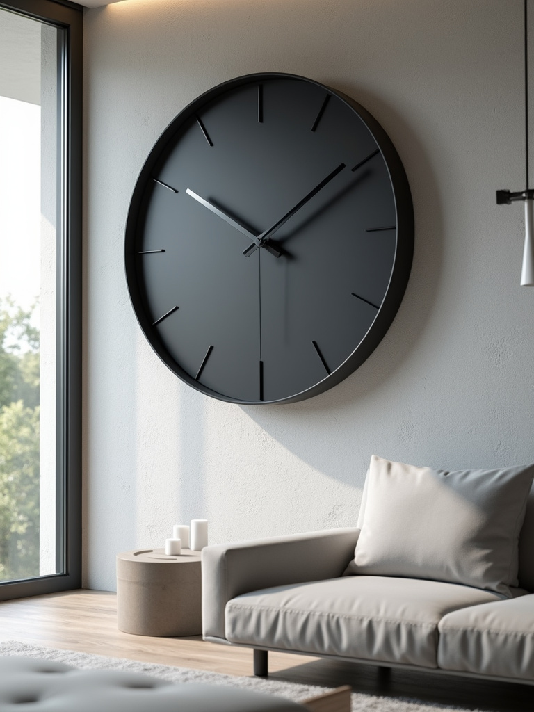 Modern living room with a black oversized wall clock serving as a focal point on a light grey textured wall.