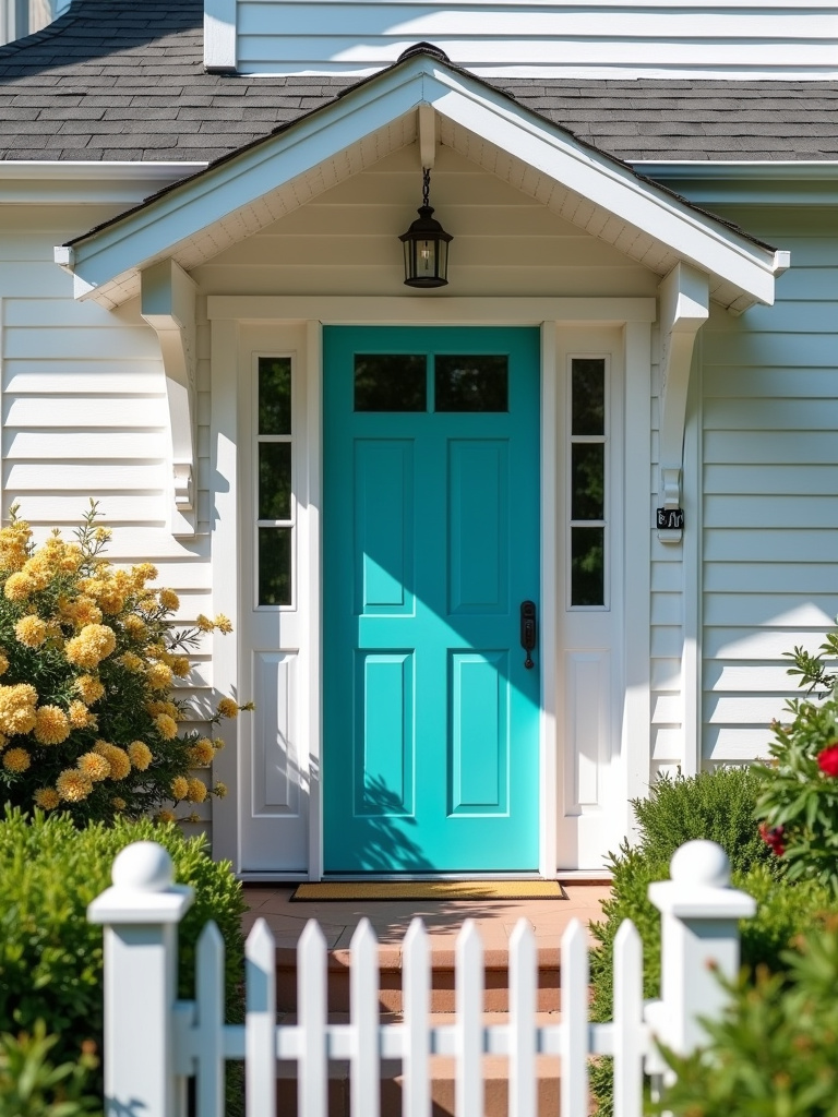 A white cottage house with a bright turquoise front door standing out against the white siding.