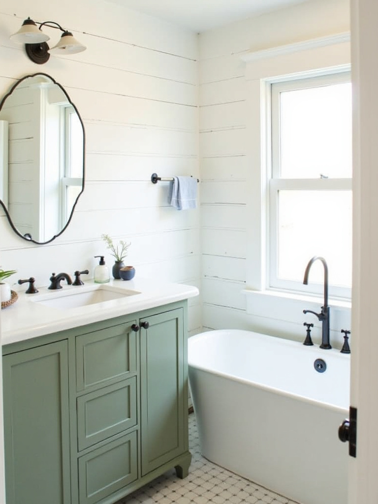 Farmhouse bathroom featuring a painted sage green vanity with a white countertop and shiplap walls.