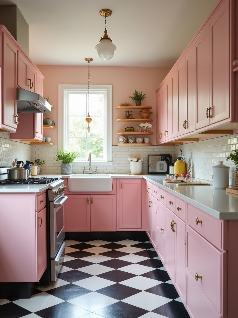 Retro pastel pink kitchen with checkered floor.