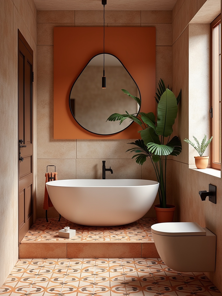 A bathroom floor showcasing patterned cement tiles.