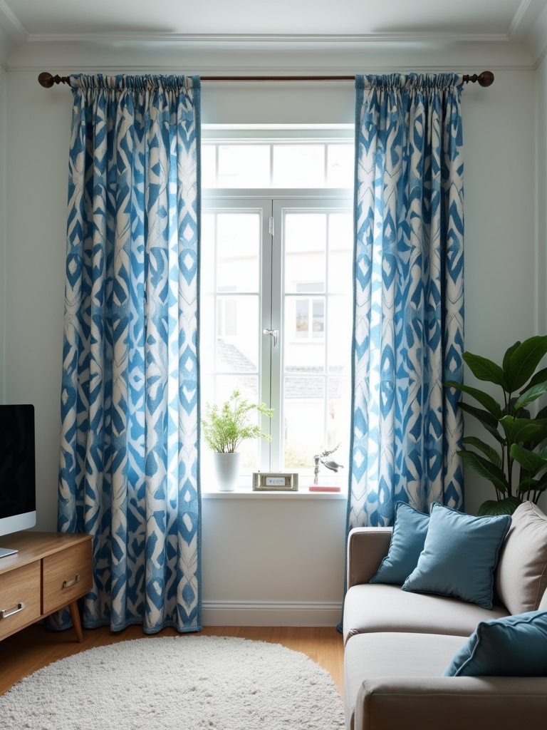 Patterned blue and white geometric print curtains in a well-lit modern living room