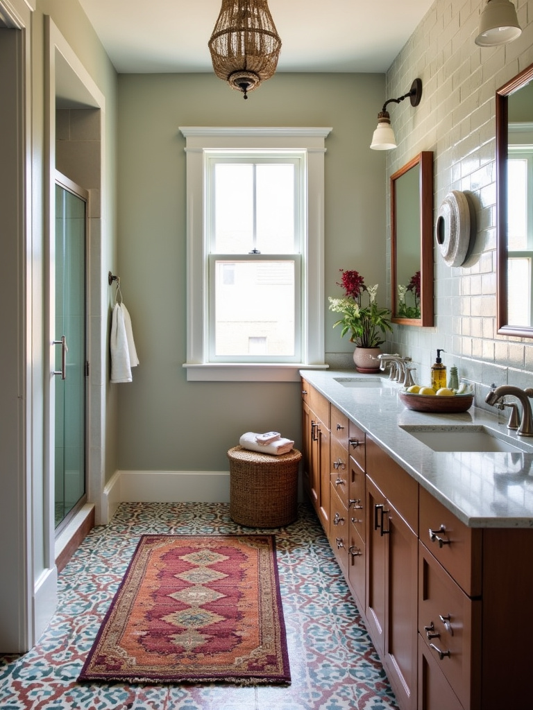Bohemian style bathroom with a patterned runner rug in front of a double vanity and colorful mosaic tiles on the floor