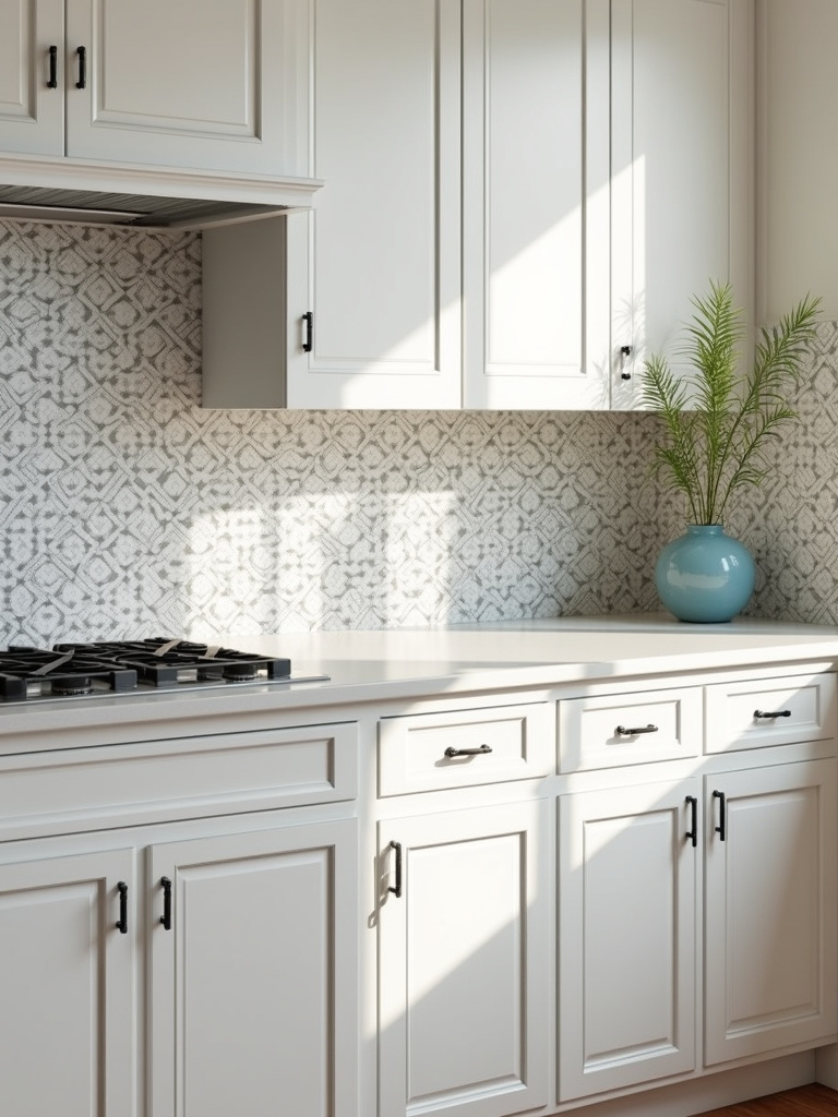 A timeless classic style kitchen featuring patterned porcelain tile across the entire backsplash area.