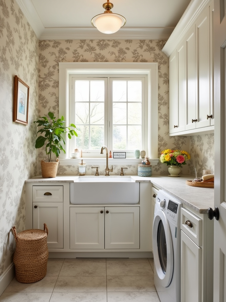 “Charming laundry room with patterned wallpaper, featuring beige and white floral wallpaper, white shaker cabinets, a light stone countertop, and vintage accessories, illuminated by soft ambient light.”