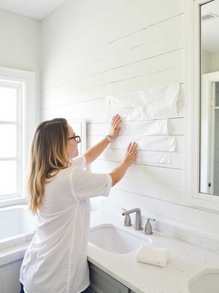Easy farmhouse bathroom update with peel and stick shiplap wallpaper application, showing its simplicity and convenience.